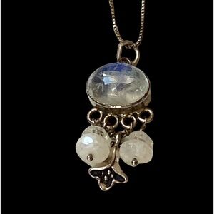 Sterling Silver Moonstone Lily Flower Charm Moonstone Rocks Pendant Necklace